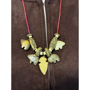 Hand Carved Bear Buffalo Arrowhead Multi Stone Fetish Necklace